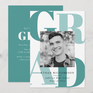 Bold Letters Teal Photo Graduation Party Invitation