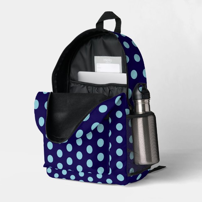 Bold Light Blue Polka Dots on Navy Blue  Printed Backpack (Back Corner Right (Open))