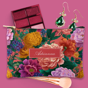 Bold Lilac and Peach Blooms on Pink Accessory Pouch