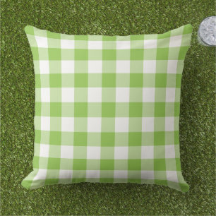 Bold Lime Green White Gingham Plaid Check Outdoor Pillow