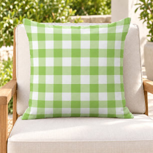 Bold Lime Green White Gingham Plaid Check Outdoor Pillow