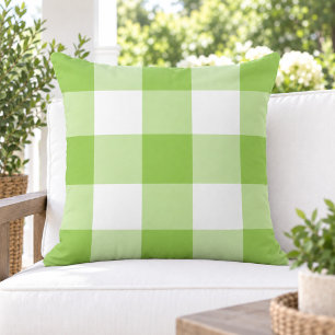 Bold Lime Green White Large Gingham Check Outdoor Pillow