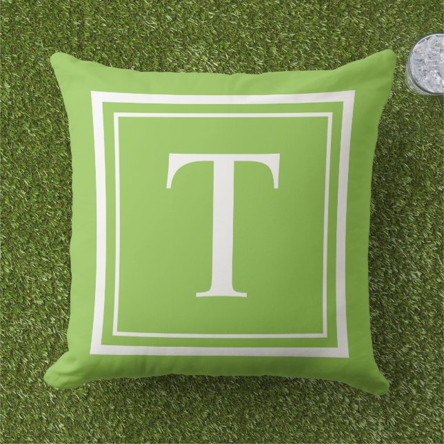 Bold Lime Green White Square Frame Monogram Outdoor Pillow (Grass)