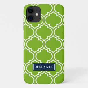 Bold Lime Moroccan Lattice Navy Name Template iPhone 11 Case
