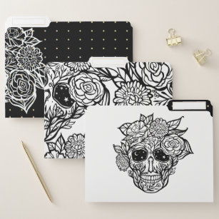 Bold Line Drawn Black & White Floral Sugar Skull File Folder