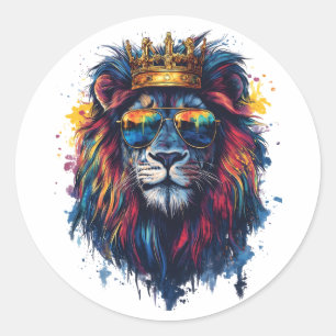 Bold Lion Head with Sunglasses and Crown Classic Round Sticker