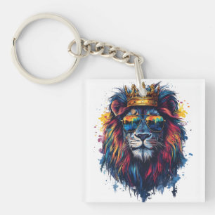 Bold Lion Head with Sunglasses and Crown Keychain