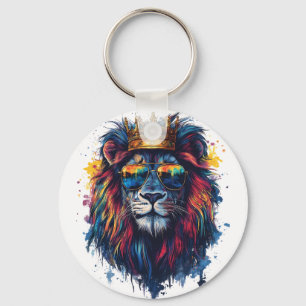 Bold Lion Head with Sunglasses and Crown Keychain
