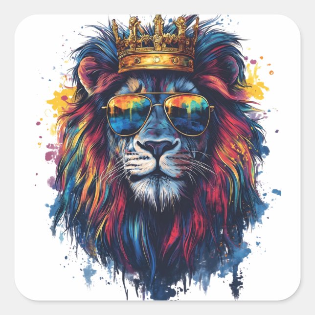 Bold Lion Head with Sunglasses and Crown Square Sticker (Front)