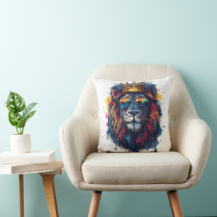 Bold Lion Head with Sunglasses and Crown Throw Pillow