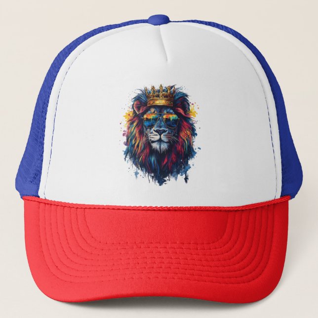 Bold Lion Head with Sunglasses and Crown Trucker Hat (Front)