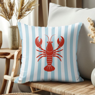 Bold Lobster and Blue Stripes Ocean Beach Decor Throw Pillow