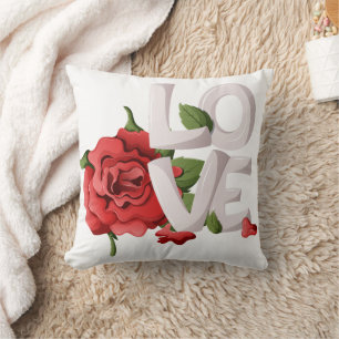Bold Love Typography with Romantic Red Rose Throw Pillow