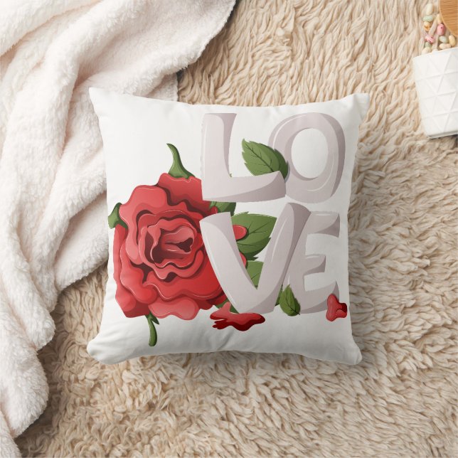 Bold Love Typography with Romantic Red Rose Throw Pillow (Blanket)