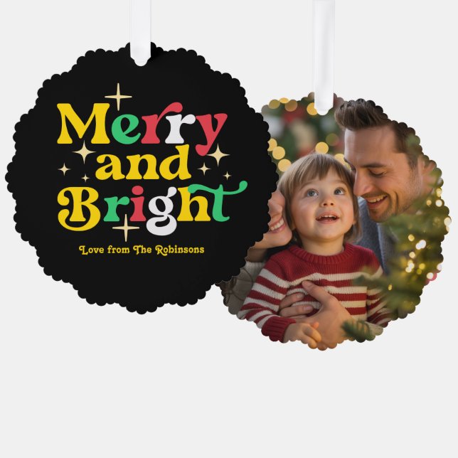Bold Luxe Merry & Bright Retro Christmas Photo Ornament Card (Front/Back)