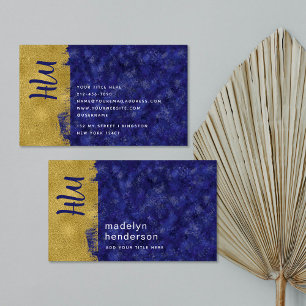 Bold Luxury Sapphire Gold Brush Monogram Business Card