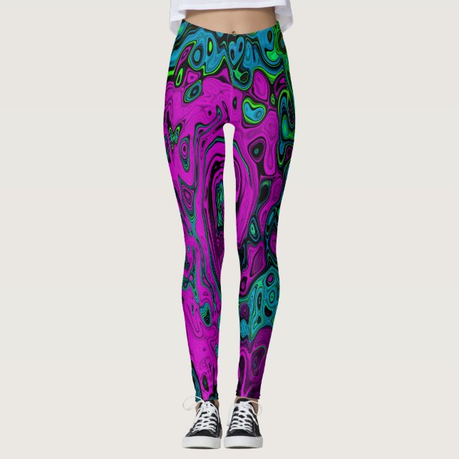 Bold Magenta Abstract Groovy Liquid Art Swirl Leggings (Front)