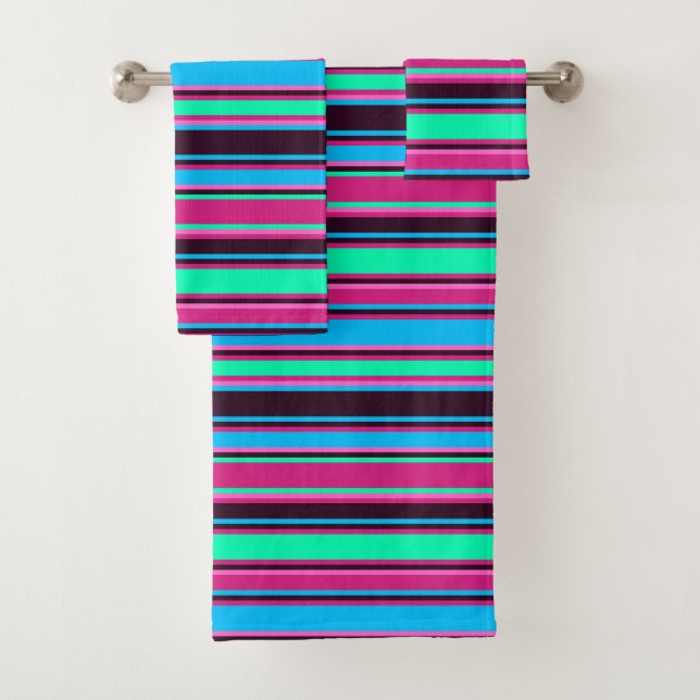 Bold Magenta, Aqua, & Blue Striped Towel Set (Insitu)