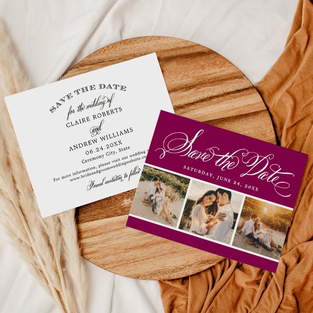 Bold Magenta Calligraphy Three Photo Wedding Save The Date (Creator Uploaded)