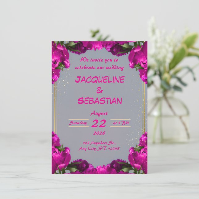 Bold Magenta Floral Wedding Invitation (Standing Front)