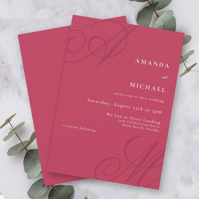 Bold Magenta Modern Edge Elegant Monogram Wedding Invitation (Bold and bright magenta wedding invitation with minimalist styling.)