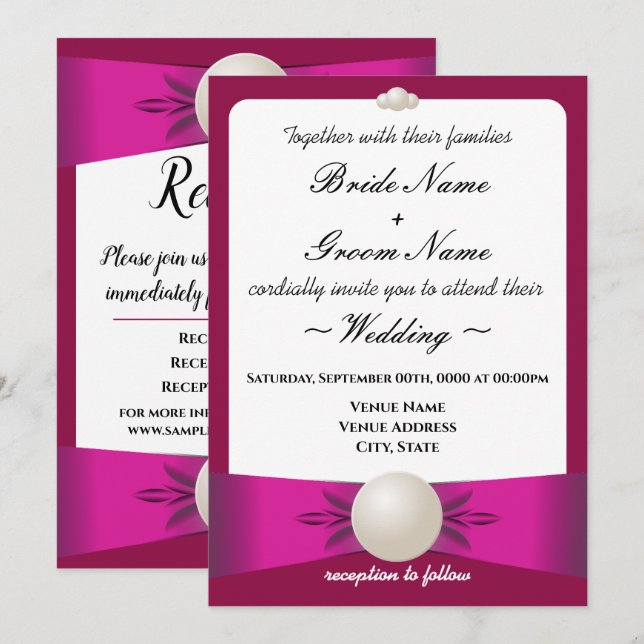Bold Magenta Pearl Ribbon Wedding & Reception Invitation (Front/Back)
