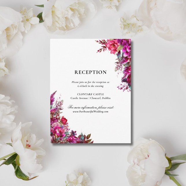 Bold Magenta Spring Wedding Reception Enclosure Card (This magenta pink, floral reception card is part of my Alannah Catholic wedding collection.)