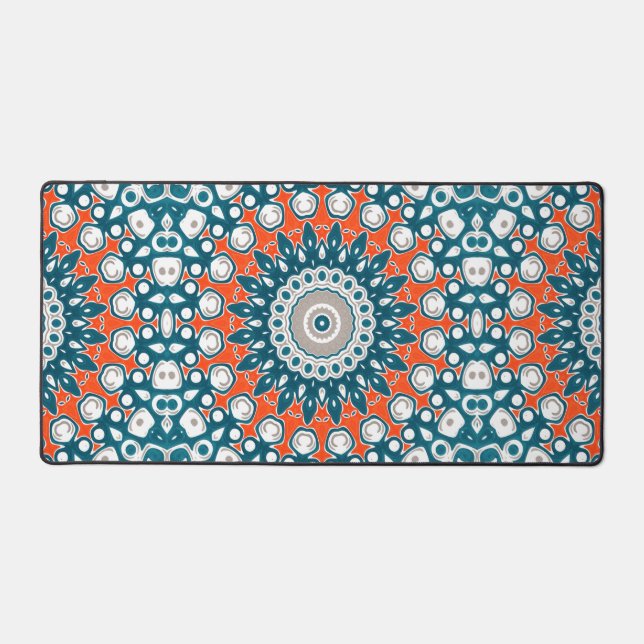 Bold Mandala Teal Coral Office Design Desk Mat (Front)