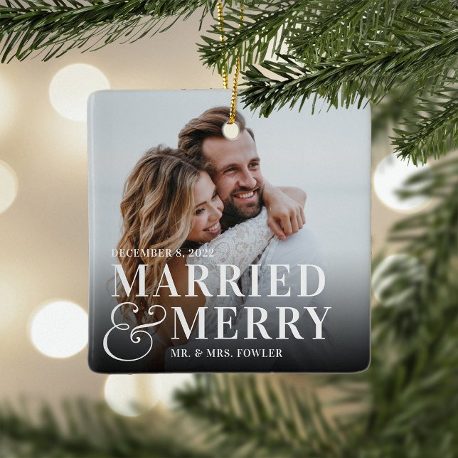 Bold Married & Merry Wedding Photo Newlywed Ceramic Ornament (Creator Uploaded)