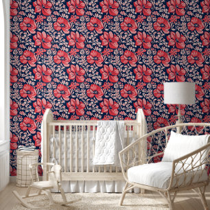 Bold Maximalism Blue and Pink Wild Flowers Floral  Wallpaper
