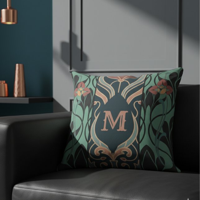 Bold Maximalist Art Nouveau Monogram Throw Pillow (Creator Uploaded)