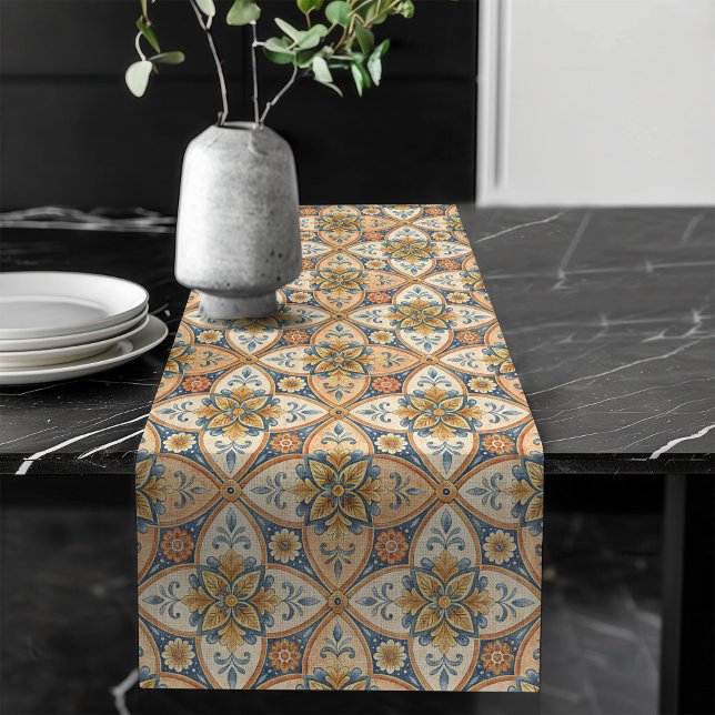 Bold Mediterranean Tile Pattern Terracotta Blue Long Table Runner (Bold Mediterranean Tile Pattern Terracotta Blue Long Table Runner)