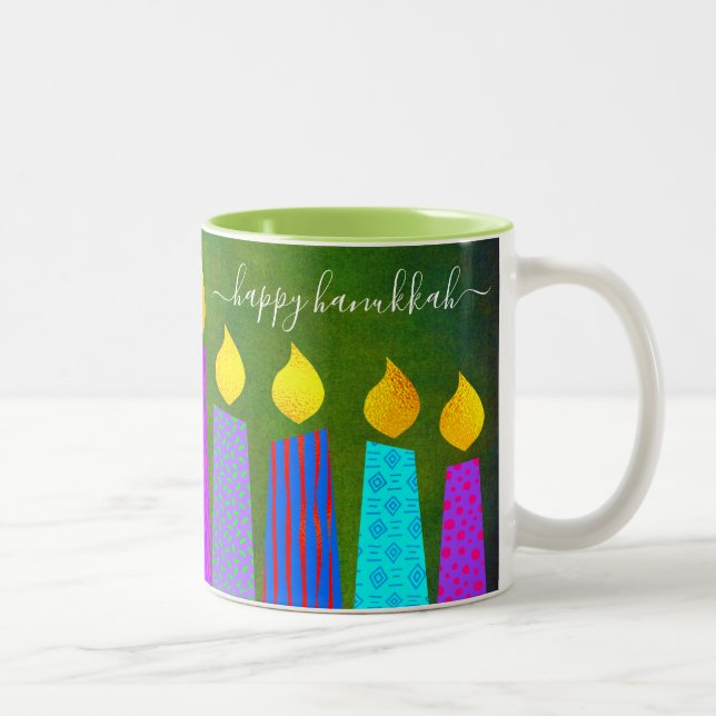 Bold Menorah Candles Happy Hanukkah Script Green Two-Tone Coffee Mug (Right)