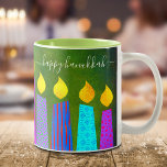 Bold Menorah Candles Happy Hanukkah Script Green Two-Tone Coffee Mug<br><div class="desc">“Happy Hanukkah.” Here’s an easy way to get in the holiday mood each morning. Add extra sparkle to your day whenever you relax with your favourite beverage in this colourful, custom Hanukkah coffee mug. A playful, artsy illustration of blue menorah candles with colourful faux foil patterns and modern typography overlay...</div>