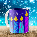 Bold Menorah Candles Happy Hanukkah Script on Blue Two-Tone Coffee Mug<br><div class="desc">“Happy Hanukkah.” Here’s an easy way to get in the holiday mood each morning. Add extra sparkle to your day whenever you relax with your favourite beverage in this colourful, custom Hanukkah coffee mug. A playful, artsy illustration of blue menorah candles with colourful faux foil patterns and modern typography overlay...</div>