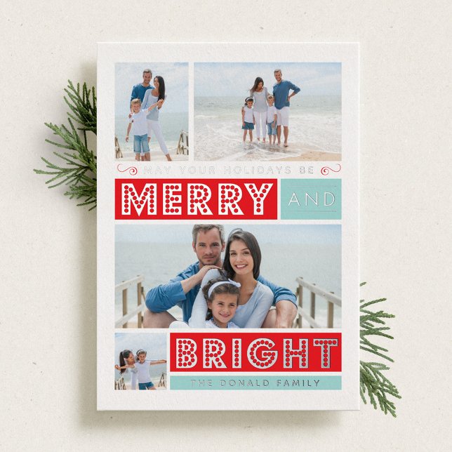 Bold Merry & Bright Holiday Photo Silver Foil Card (Creator Uploaded)