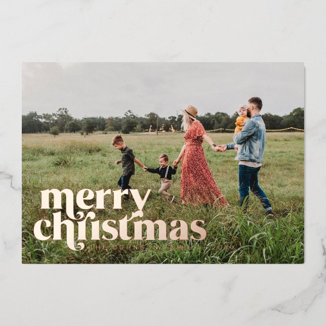 Bold Merry Christmas Single Photo Personalize Foil Holiday Card (Front)