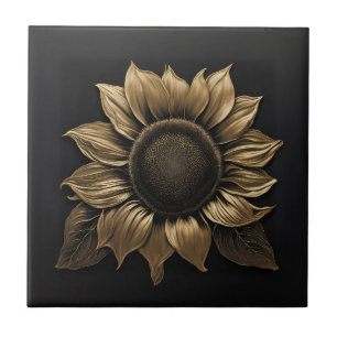 Bold Metallic Sunflower on Black Tile