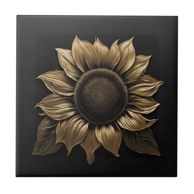  Bold Metallic Sunflower on Black Tile (Front)