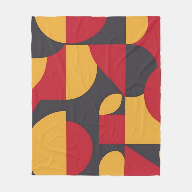 Bold Mid-Century Geometric Red Yellow Gray Pattern Fleece Blanket (Front)
