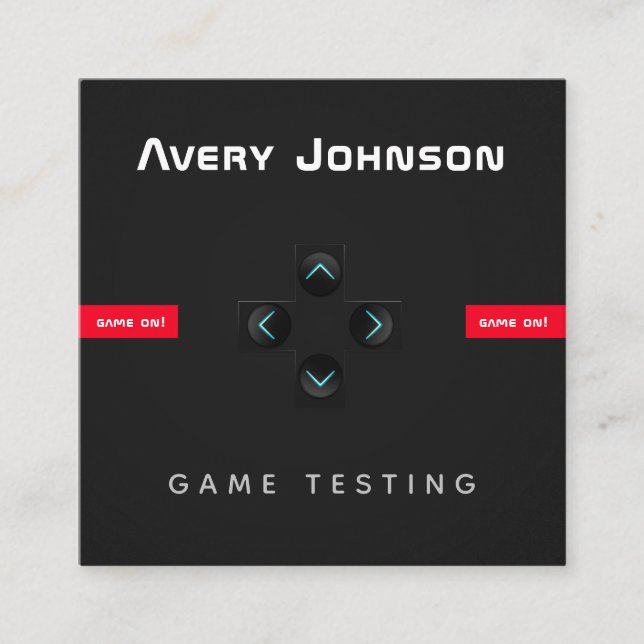 Bold & Minimal Black White Red Game Tester Gamer  Square Business Card (Front)