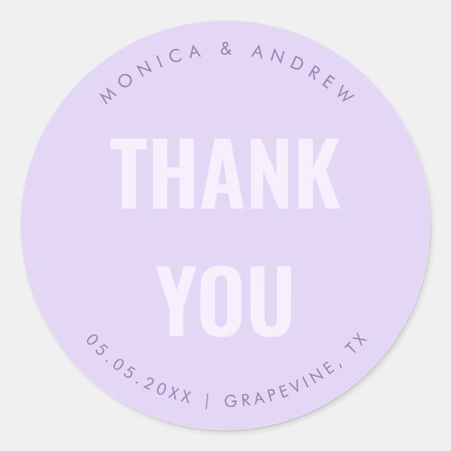 Bold Minimal Lilac Lavender Thank You Wedding Classic Round Sticker (Front)