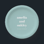 Bold Minimalist Aqua Blue Retro Custom Wedding Paper Plate<br><div class="desc">Celebrate in style with these personalized wedding paper plates! Featuring a modern, minimalist design in a soft aqua blue with crisp white typography, these plates add a chic and coordinated touch to your wedding reception, bridal shower, or engagement party. Customized with the couple’s names and wedding date, they’re perfect for...</div>
