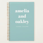 Bold Minimalist Aqua Blue Retro Custom Wedding Planner<br><div class="desc">Stay organized while planning your big day with this Personalized Wedding Planner. Featuring a modern minimalist design in aqua blue with bold typography, this spiral-bound notebook is perfect for jotting down ideas, timelines, and to-do lists. With customizable names and date details, it makes a thoughtful engagement gift for newlyweds-to-be. Whether...</div>