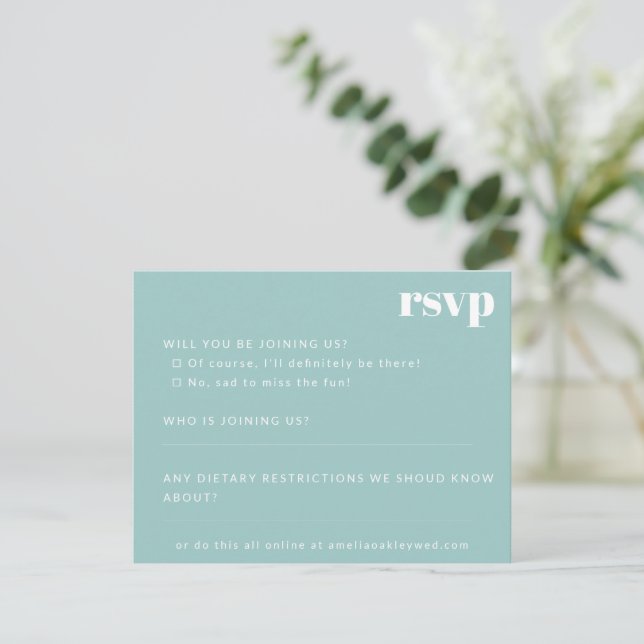Bold Minimalist Aqua Blue Retro Custom Wedding RSVP Card (Standing Front)