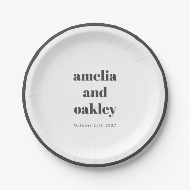 Bold Minimalist Black White Retro Custom Wedding Paper Plate (Front)
