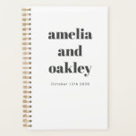 Bold Minimalist Black White Retro Custom Wedding Planner<br><div class="desc">Stay organized while planning your big day with this Personalized Wedding Planner. Featuring a modern minimalist design with bold typography, this spiral-bound notebook is perfect for jotting down ideas, timelines, and to-do lists. With customizable names and date details, it makes a thoughtful engagement gift for newlyweds-to-be. Whether you're tracking guest...</div>