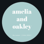 Bold Minimalist Boho Aqua Blue Custom Wedding Classic Round Sticker<br><div class="desc">Personalize your wedding favours with these elegant custom stickers. Featuring a soft aqua blue background and bold typography,  these stickers add a stylish touch to gift boxes,  envelopes,  and more. Customize with your names and wedding date for a beautiful and thoughtful detail your guests will love!</div>