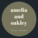 Bold Minimalist Boho Olive Green Custom Wedding Classic Round Sticker<br><div class="desc">Bold Minimalist Boho Olive Green Retro Simple Custom Wedding Classic Round Sticker</div>