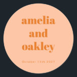 Bold Minimalist Boho Peach Orange Custom Wedding Classic Round Sticker<br><div class="desc">Personalize your wedding favours with these elegant custom stickers. In Peach Orange,  these stickers add a stylish touch to gift boxes,  envelopes,  and more. Customize with your names and wedding date for a beautiful and thoughtful detail your guests will love!</div>